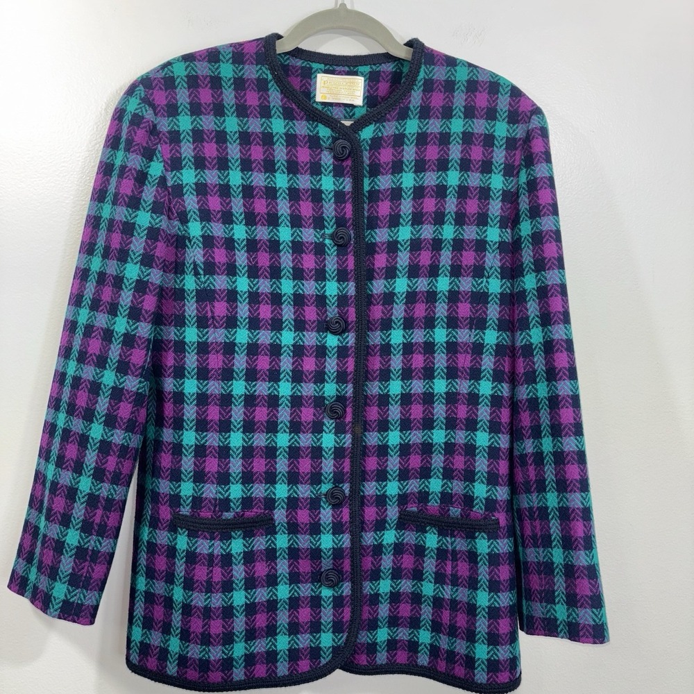 Vintage Pendleton Plaid Check Blazer Teal Purple Navy 100% wool